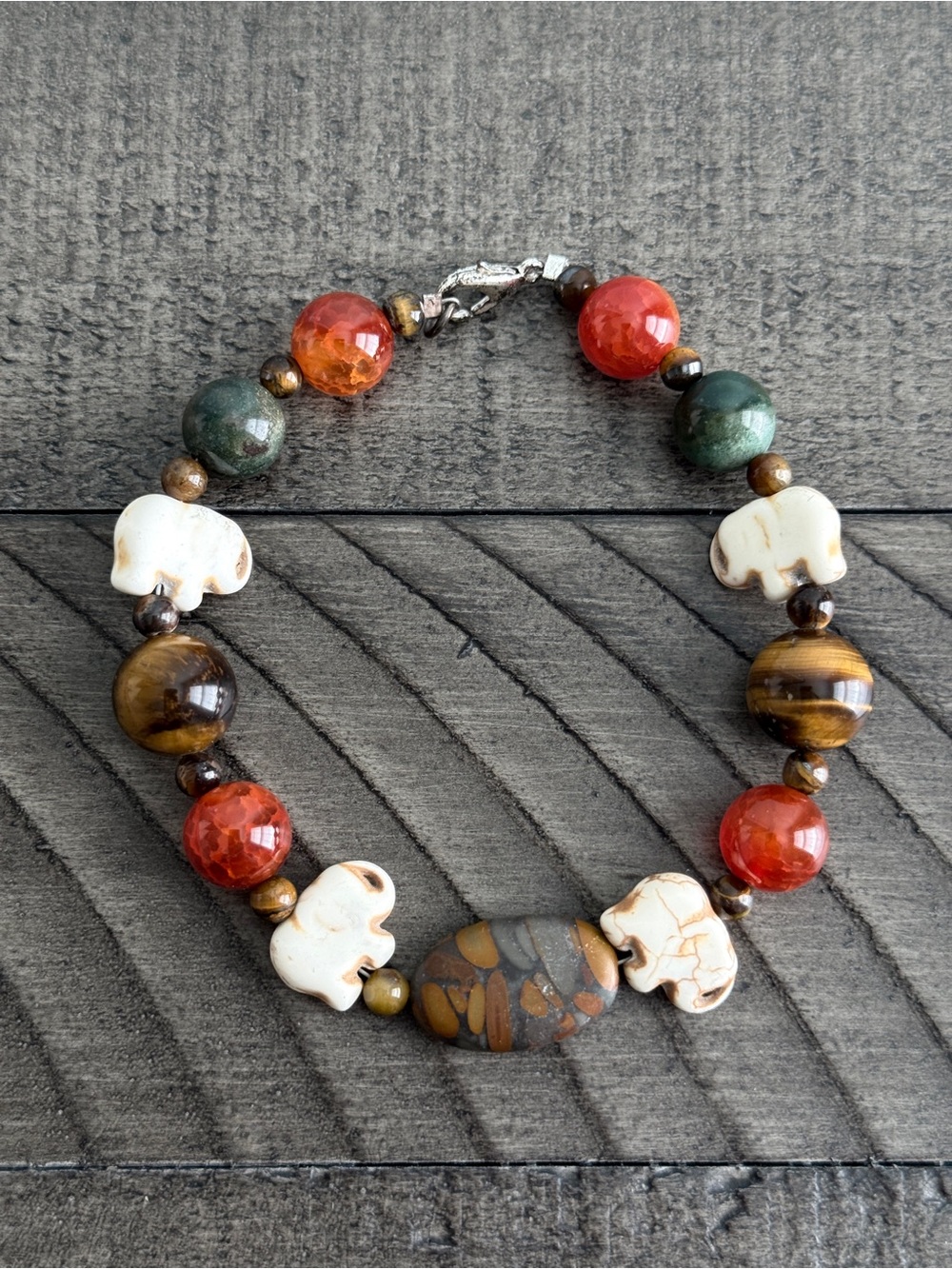White Bone Elephant Beaded Bracelet - Carnelian Red, Tiger Eye & Green Jasper